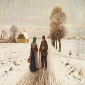 Winter Landscape With An Old Couple On A Road