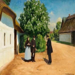 Spring Day In The Village With A Chestnut Tree In Bloom by H. A. Brendekilde