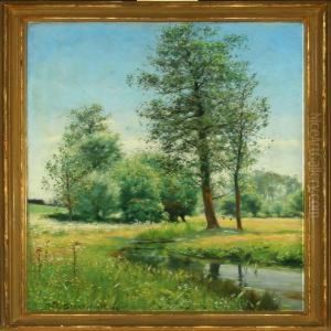 Flowering Meadowwith Trees And Stream, In The Background Children Flowering Meadowwith Trees And Stream, In The Background Children