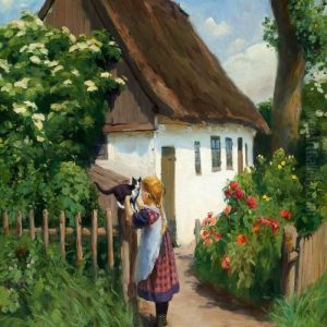 Summer Day In The Village With A Little Girl And A Kitten