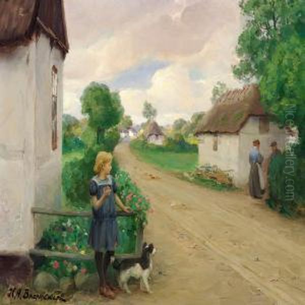 Village Street With A Girl At A White Cottage - view 1