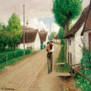 Grandfather With His Grand Daughter Walking Down The Village Street