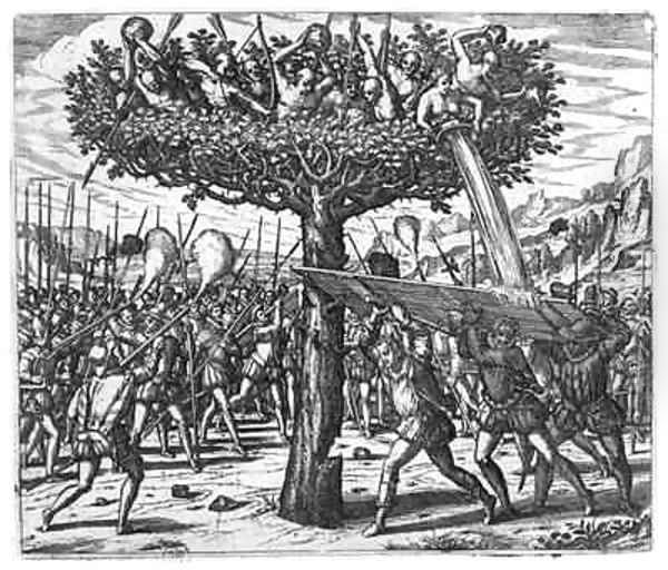 Indians in a Tree Hurling Projectiles at the Spanish - view 1