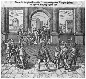 King Atahualpa (c.1502-33) treating his ransom with Francisco Pizarro by Theodore de Bry