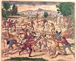 Pedro de Alvarado and his soldiers massacring the Aztecs by Theodore de Bry
