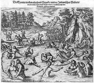 The Spanish abusing the Indian women after the capture of King Atahualpa by Theodore de Bry