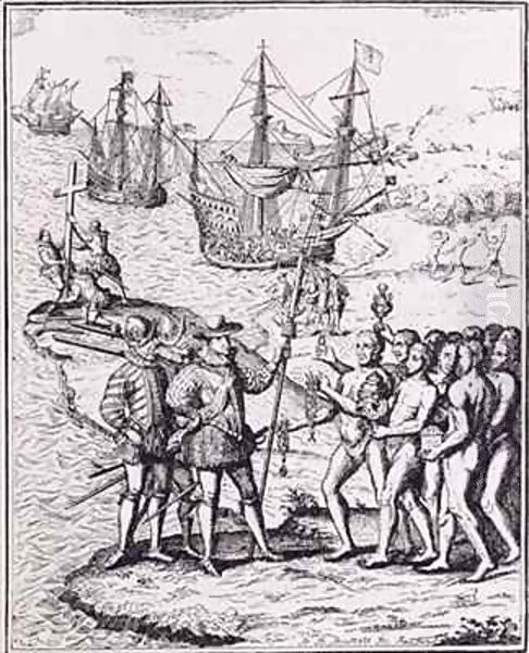 Christopher Columbus (1451-1506) receiving gifts from the cacique, Guacanagari, in Hispaniola (Haiti) - view 1