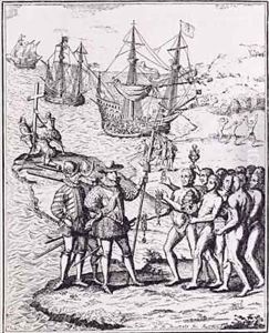 Christopher Columbus (1451-1506) receiving gifts from the cacique, Guacanagari, in Hispaniola (Haiti) by Theodore de Bry