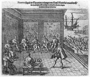 Francisco Pizarro asking the support of the imperial court for the government of Peru by Theodore de Bry