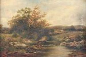 An Upland Stream With Figures And Farmhouse by Carl Brennir