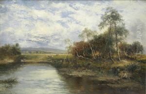 A Quiet Backwater,summer River 
Landscape With Anglers And Dog, Cattle Watering In Theshallows Beyond