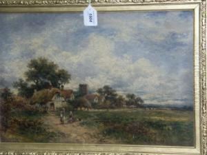 The Village Common, A Summer Landscape With Thatched Cottages, Children And Sheep Dog by Carl Brennir