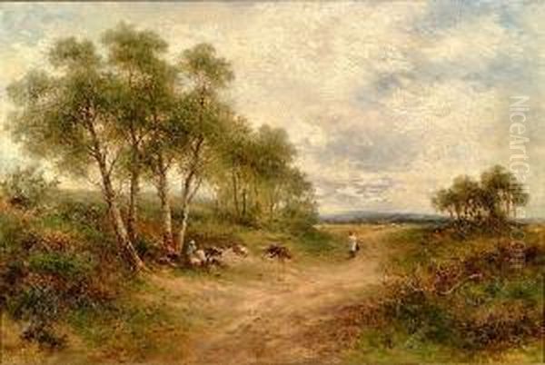 "the Road To Avington,
Hampshire", Children And A Dog With Sheep Grazing, Signed And Dated
1907, Oil On Canvas - view 1