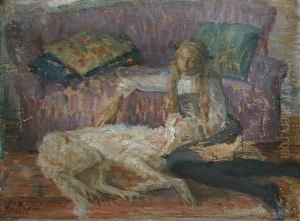 A Young Girl Seated With A Borzoi - view 1