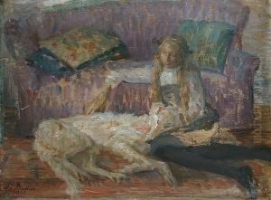 A Young Girl Seated With A Borzoi by Marie Louise Catherine Breslau