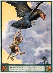It spread its dark wings and rose up into the air, dragging Loki after by Charles Edmund Brock