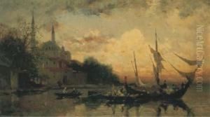 Coucher De Soleil Sur Le Bosphore, Des Bateaux Devant Une Mosquee