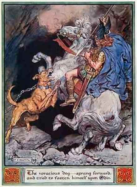 The voracious dog...sprang forward and tried to fasten himself upon Odin - view 1