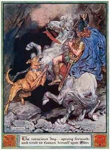 The voracious dog...sprang forward and tried to fasten himself upon Odin