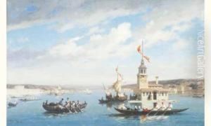 Caiques Devant La Tour De Leandre, Constantinople. by Fabius Germain Brest