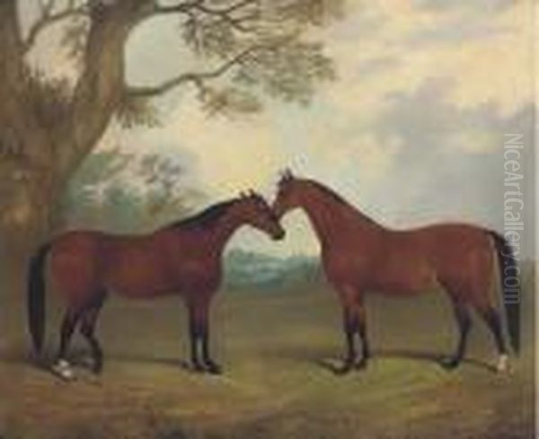 Two Bay Hunters In A Landscape - view 1