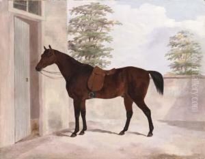 A Bay Hunter Outside A Stable by Thomas W. Bretland