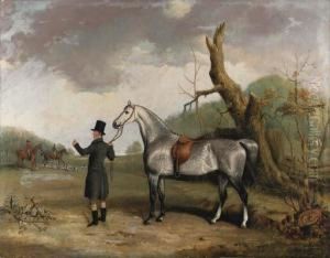 A Dappled Grey Held By A Huntsman, With Huntsmen And Hounds Beyond,in A Landscape by Thomas W. Bretland