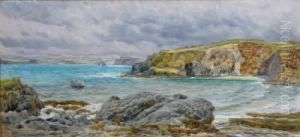 Rowing Boat Approaching A Cove. by John Edward Brett