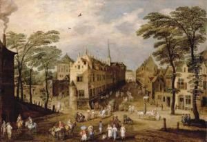 A Town Landscape With Company, Townsfolk And Wagoners by Jan Breughel
