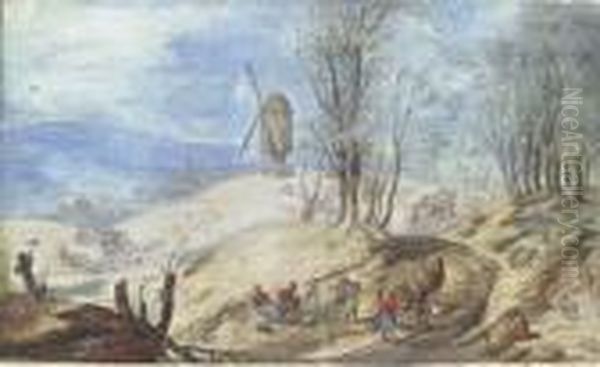 A Hilly Wooded Landscape With A 
Windmill, A Wagon And Peasants Inthe Foreground, A Village Beyond - view 1