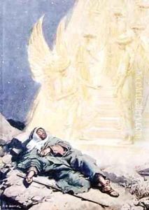 He sees a winding staircase, reaching from Earth to Heaven, brilliant with glory by Charles Edmund Brock