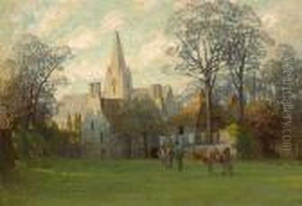 A Figure Leading Cows In For Milking With Buildings And A Church Beyond - view 1