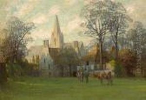 A Figure Leading Cows In For Milking With Buildings And A Church Beyond by Anna Richards Brewster
