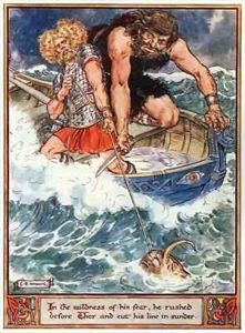 In the wildness of his fear, he rushed before Thor and cut his line sunder by Charles Edmund Brock