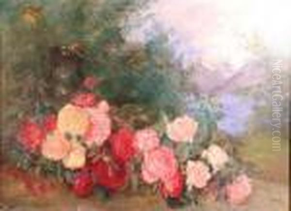 A Still Life With Bunch Of Roses In Jug And Butterflies On A Terrace - view 1