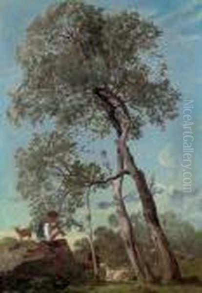 Goatherder Playing A Pipe In The Roman Campagna by Frederick Lee Bridell