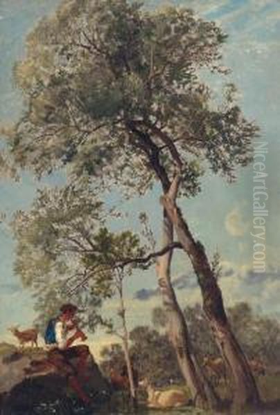 A Goatherder Playing The Pipe - view 1