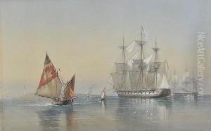Man-o'-war And Other Shipping 
Off A Distant Harbour, Signed And Dated 1873, Watercolour Heightened 
With White