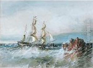 A Ship In Full Sail Near A Rocky Outcrop At Sea by Sir Oswald Walter Brierly