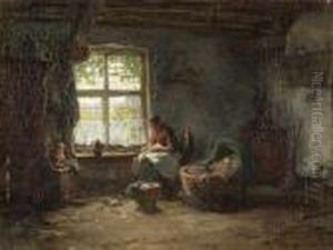 Nahende Bauerin An Der Wiege In
Hollandischer Stube. by Arthur Briet