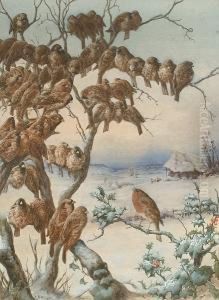 A Flock Of Sparrows And A Robin Perched On A Holy Branch, A Winter Landscape Beyond
