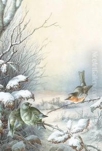 A Robin And A Greenfinches In A Snowy Hedgerow, A Winter Landscape Beyond A Robin And A Greenfinches In A Snowy Hedgerow, A Winter Landscape Beyond