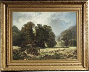 Bavarian Landscape With A
Farmstead At Boundary Ridge. Oil/canvas/canvas, Signed, Verso On An Old
Label Inscribed by Antonio, Anton Brioschi