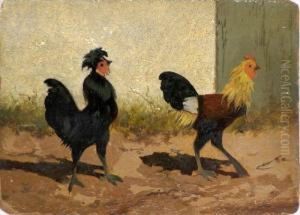 Farmyard Scene With Two Cockerels by Franklin Briscoe