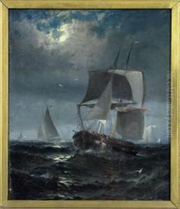 Sailing Vessels At Sea Beneath A Full Moon by Franklin Briscoe