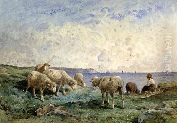 Farmer With Sheep By The Ocean - view 1