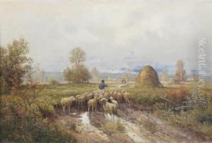 Shepherd And Flock By A Haystack