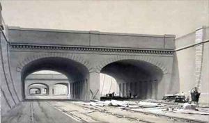 View near Euston Station with three overbridges by John Cooke Bourne