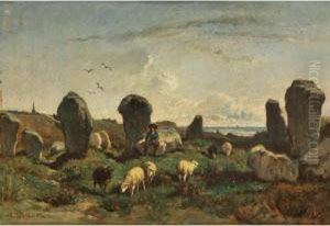 Megalithes En Bretagne [felix 
Saturnin Brissot De Warville, Megaliths In Brittany, Oil On Panel, 
Signed.] by Felix Saturnin Brissot de Warville