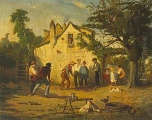 A French Provincial Scene With Figures Playing A Stick Game Outside An Inn by Felix Saturnin Brissot de Warville